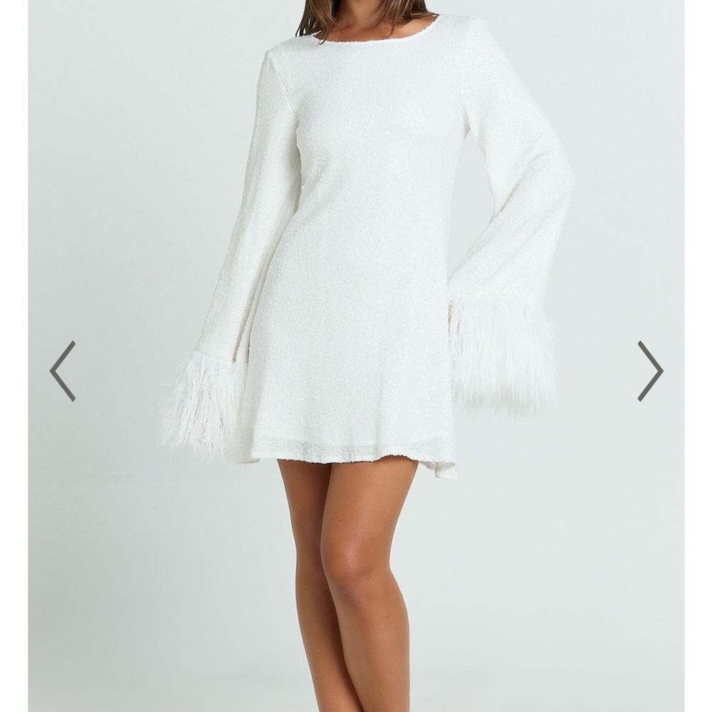 SHOWPO rowella white dress with mini sequins and feathered sleeve